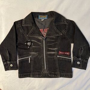 Vtg Gini & Jony Freedom Wear Baby Biker Moto Jacket Black Denim Embroidery 24M